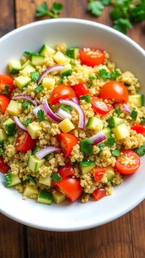 A vibrant quinoa zucchini salad with zucchini, tomatoes, and parsley on a rustic table.